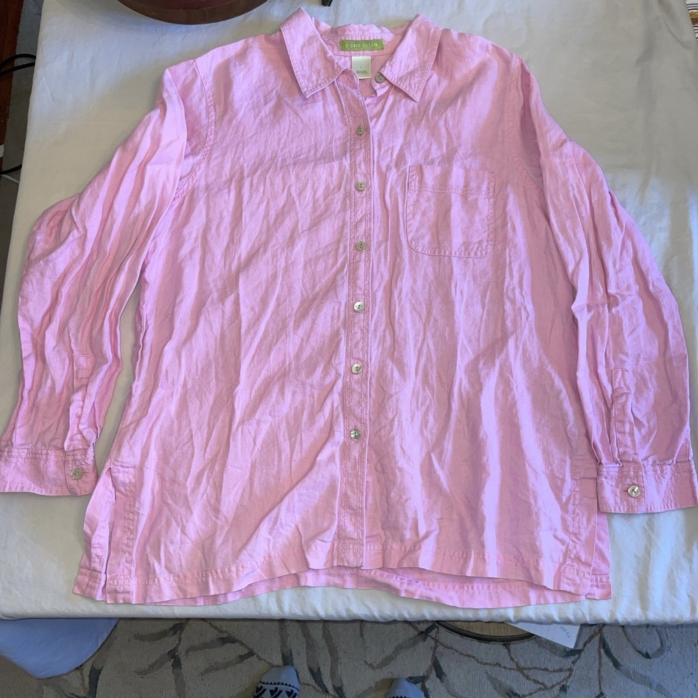 Sigrid Olsen 100% Linen Long Sleeve Blouse Pearl Buttons Pink
